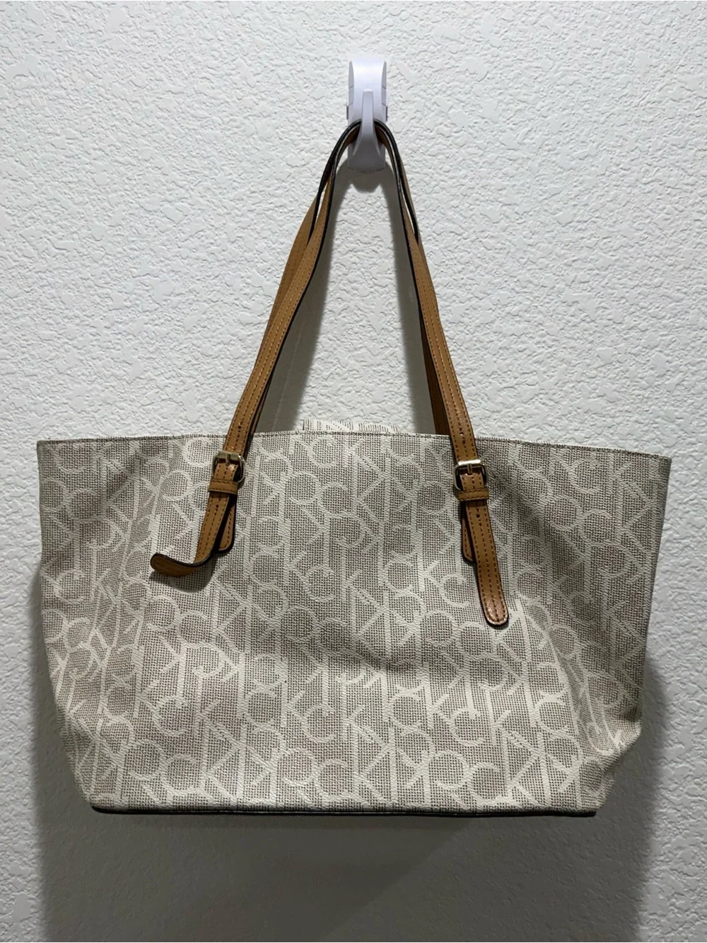 Calvin Klein Beige Logo Tote with Tan Leather Straps